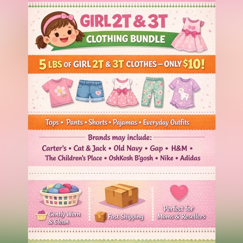 Girls' 2T Kids 5lb of Clothing Mystery Bundle Dresses, Tops, Pants, Shorts, - Picture 1 of 4